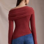 Ribbed-Knit Asymmetric Off-Shoulder Jumper in Brick Red - Image 4