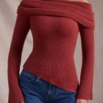 Ribbed-Knit Asymmetric Off-Shoulder Jumper in Brick Red - Image 6