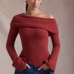 Ribbed-Knit Asymmetric Off-Shoulder Jumper in Brick Red - Image 7