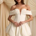 Off-Shoulder Layered Bubble Hem Corset Mini Dress in Ivory