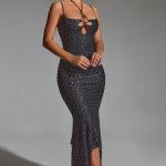 Embellished Cut-Out Asymmetric Midaxi Dress in Black - Image 6