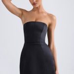 Bandeau Structured Tulip Mini Dress in Black - Image 7