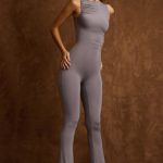 Asymmetric Ruched Flared Jumpsuit in Steel Grey - Image 5