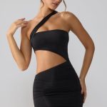 Slinky Jersey Ruched Cut Out Mini Dress in Black - Image 4