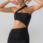 Slinky Jersey Ruched Cut Out Mini Dress in Black - Image 5