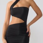Slinky Jersey Ruched Cut Out Mini Dress in Black - Image 7