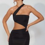 Slinky Jersey Ruched Cut Out Mini Dress in Black - Image 9