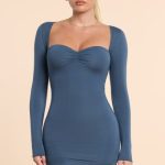 Long Sleeve Ruched Modal Cashmere Blend Mini Dress in French Navy - Image 4