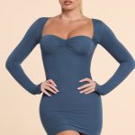 Long Sleeve Ruched Modal Cashmere Blend Mini Dress in French Navy - Image 6