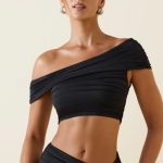 Asymmetric Ruched Off-Shoulder Crop Top in Black - Image 5