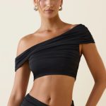 Asymmetric Ruched Off-Shoulder Crop Top in Black - Image 6