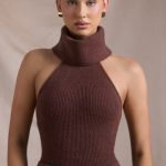 Ribbed-Knit Turtleneck Backless Top in Espresso - Image 4