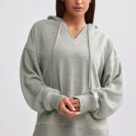 Terry Towelling V-Neck Hoodie in Sage Grey - Image 5