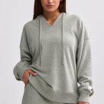 Terry Towelling V-Neck Hoodie in Sage Grey - Image 6