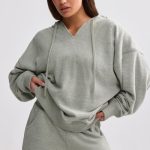 Terry Towelling V-Neck Hoodie in Sage Grey - Image 7