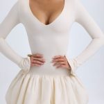 Modal Drop-Waist Bubble Hem Mini Dress in Ivory - Image 4