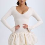 Modal Drop-Waist Bubble Hem Mini Dress in Ivory - Image 5
