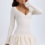 Modal Drop-Waist Bubble Hem Mini Dress in Ivory - Image 6